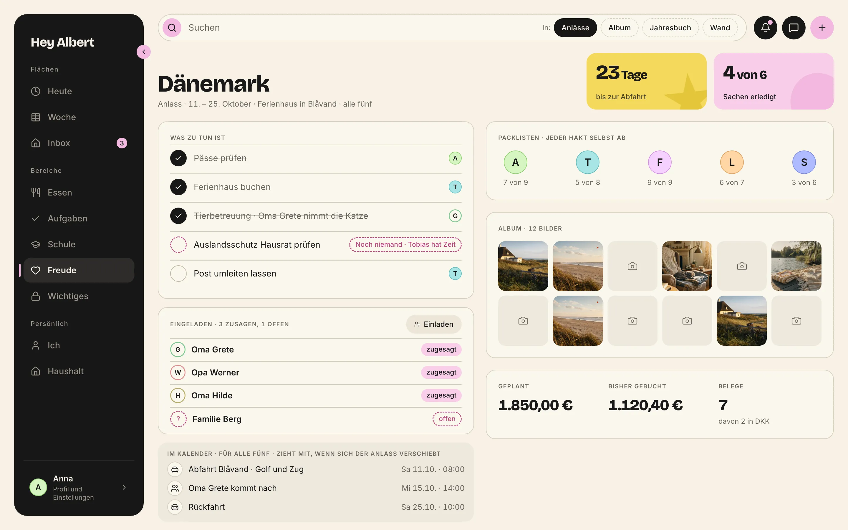 Anlass Dänemark: Was zu tun ist, Eingeladene, Packlisten je Person, Album, Kosten
