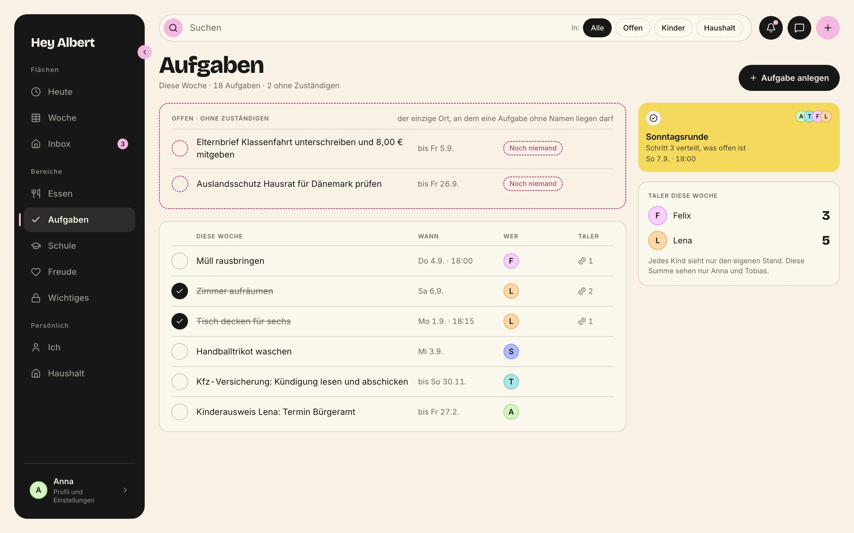 Aufgaben: zwei offen ohne Zuständigen oben, darunter die Woche mit Namen und Talern, rechts Sonntagsrunde und Taler