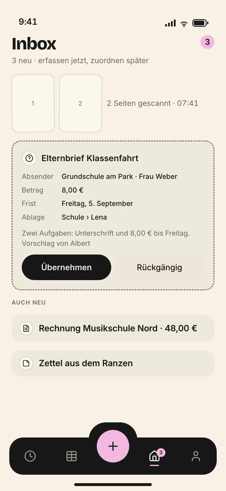 Eingang: zwei gescannte Seiten, Elternbrief Klassenfahrt als Vorschlag mit Absender, Betrag, Frist und Ablage