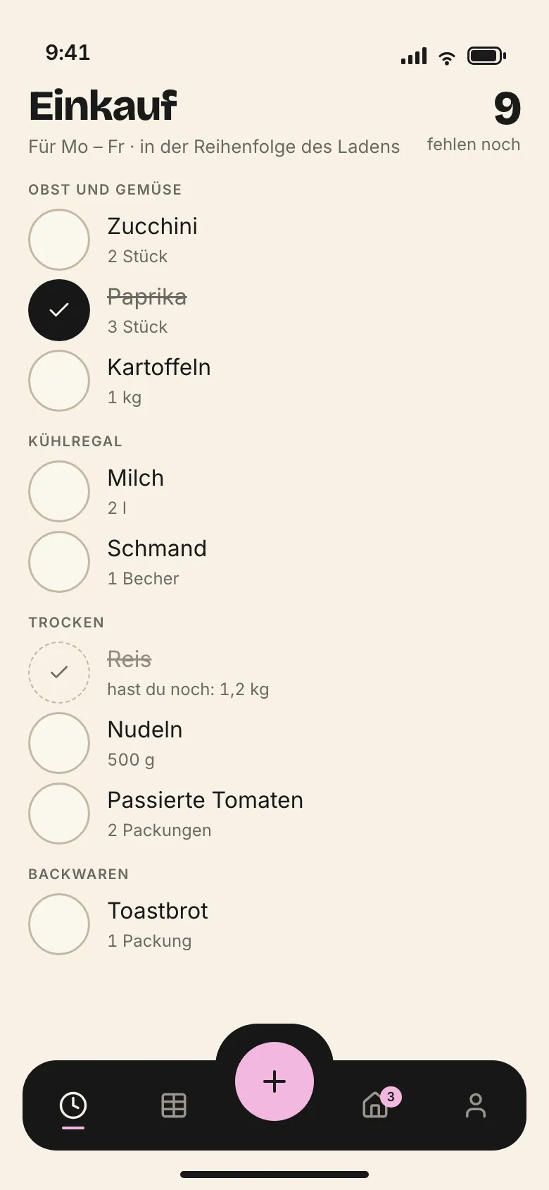 Einkauf nach Regalen sortiert, neun Dinge fehlen noch