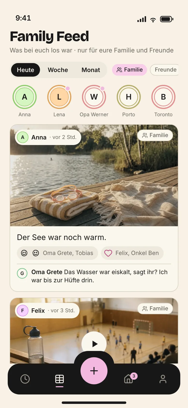 Family Feed mit Foto vom See und Kommentar von Oma Grete