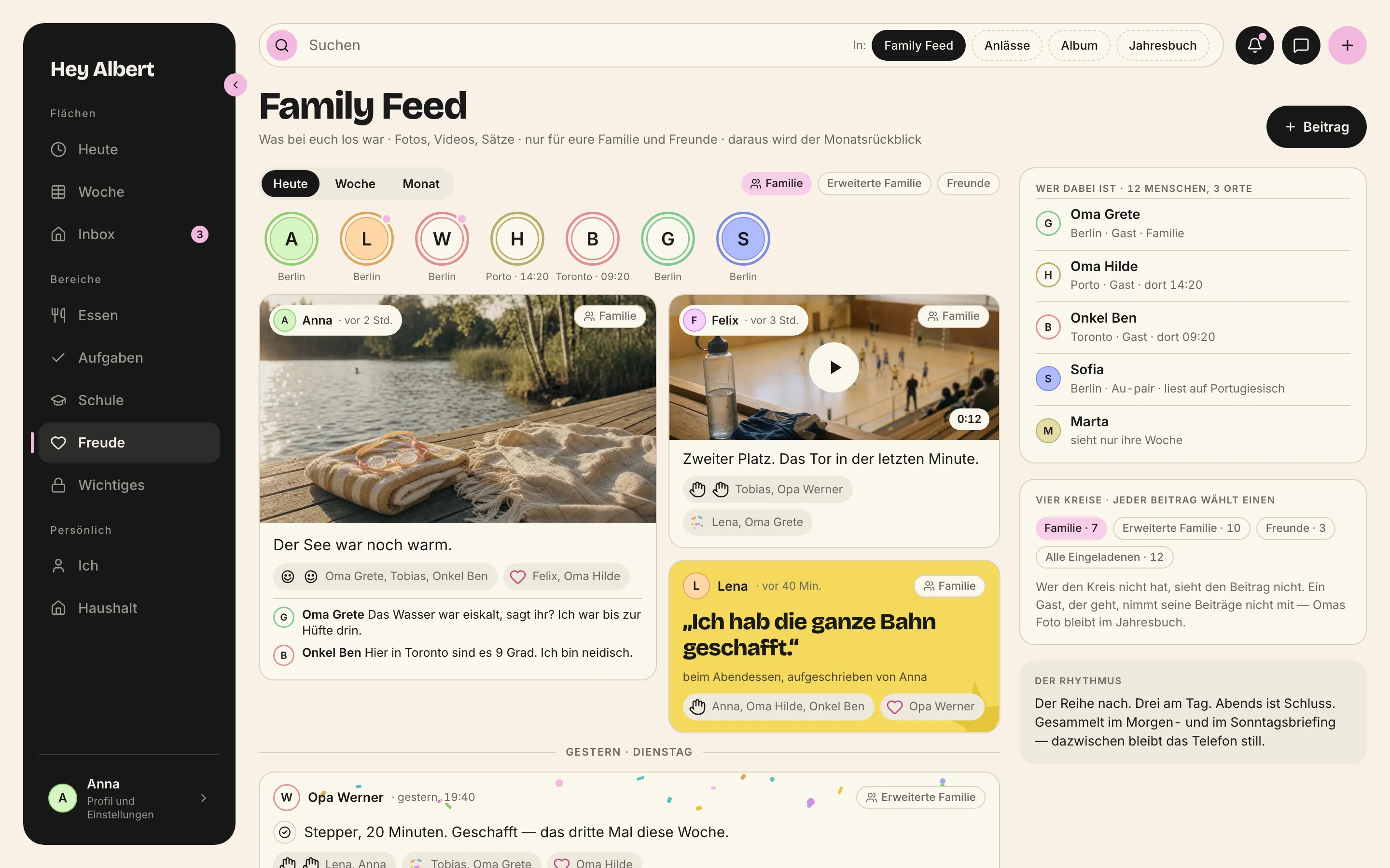 Family Feed am Mac mit Beiträgen, Kreisen der Menschen und dem Rhythmus