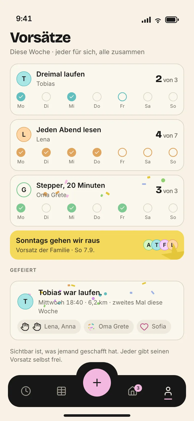 Vorsätze von Tobias, Lena und Oma Grete mit Haken je Tag