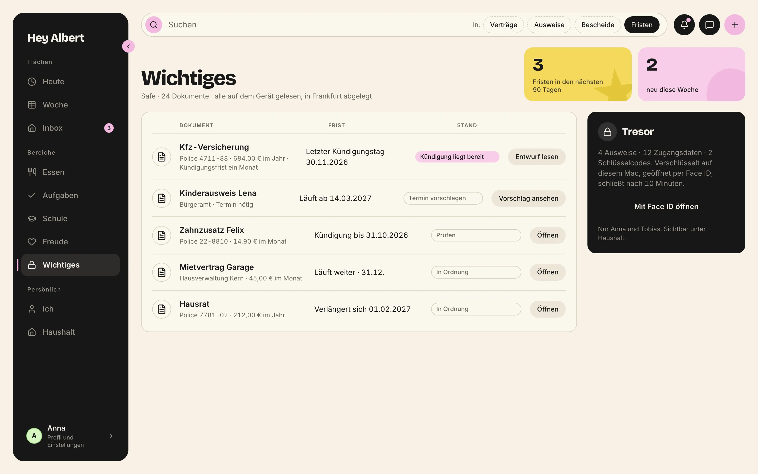 Wichtiges: Dokumente mit Frist und Stand, rechts der Tresor mit Face ID