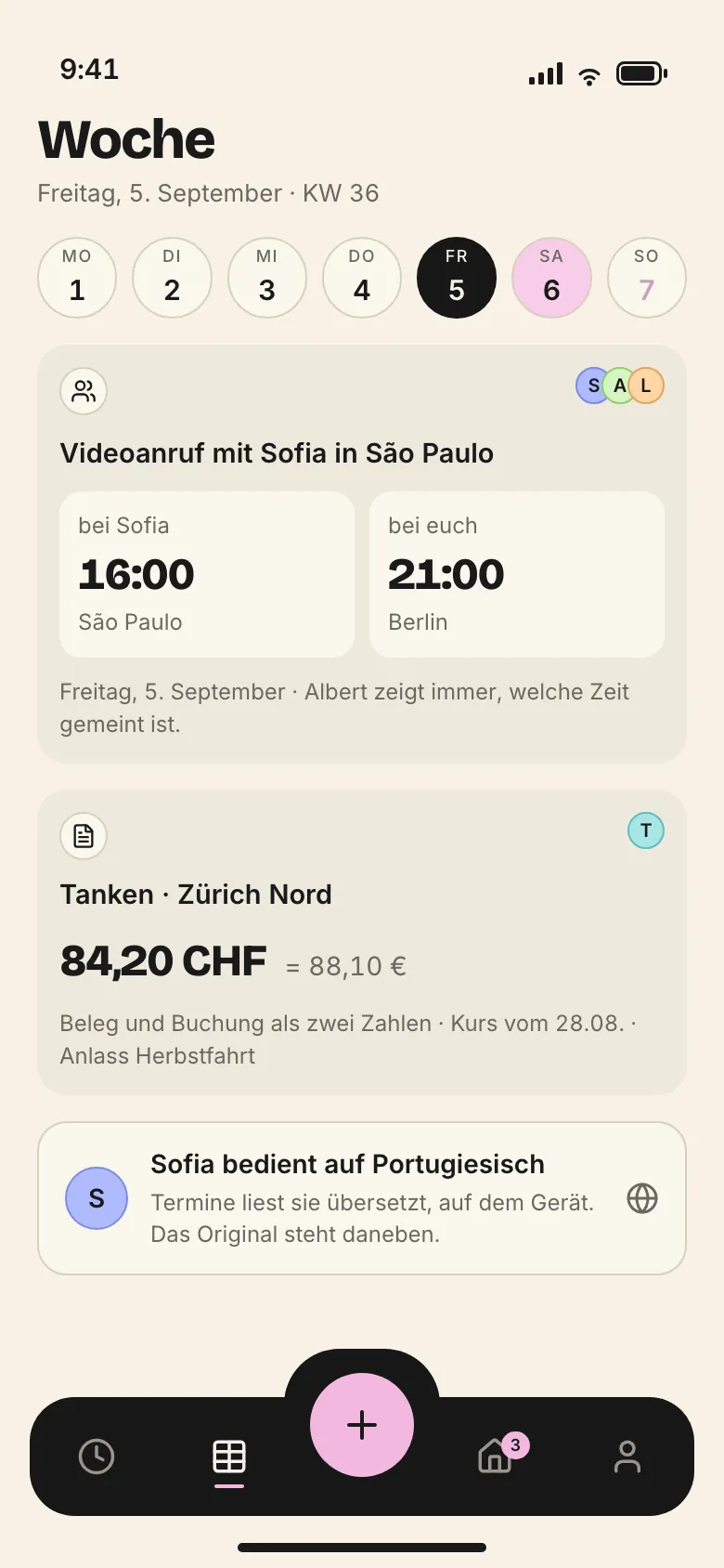 Woche: Videoanruf mit Sofia in São Paulo mit zwei Uhrzeiten, Tanken in Zürich in CHF und Euro