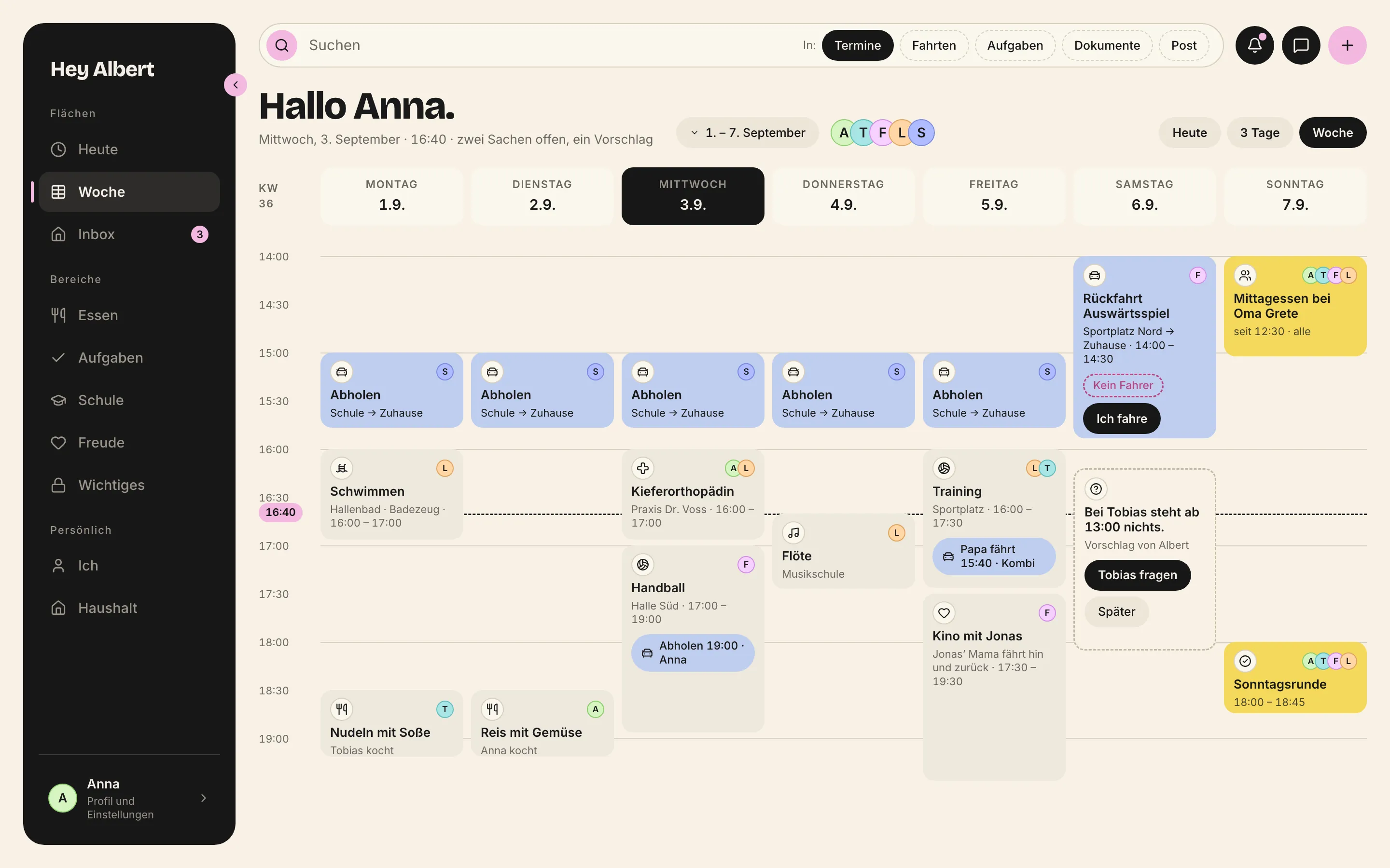 Das Wochenboard von Familie Sonntag auf dem Mac: eine Woche im Stundenraster, jede Sache mit einem Namen